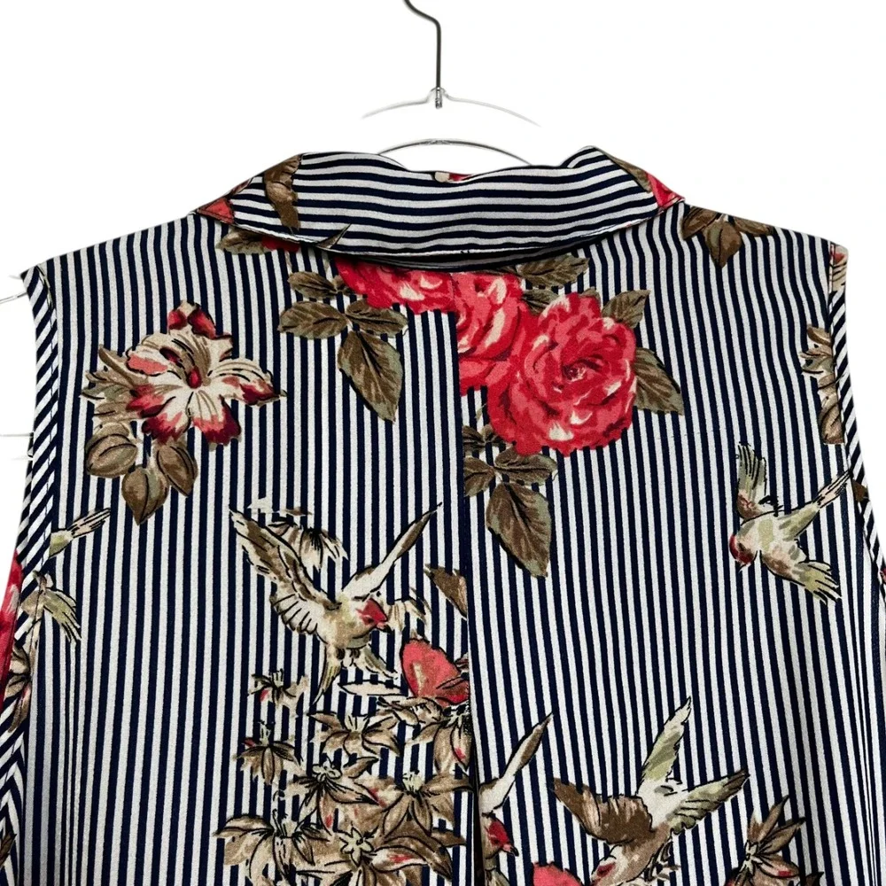 Navy‎ Striped Floral Bird Print Sleeveless Midi Dress  Red Roses Size L